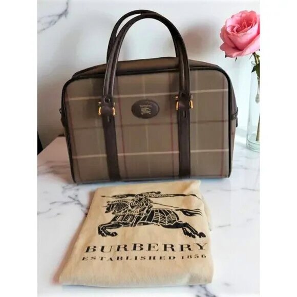 Authentic Burberry Vintage Khaki Plaid Canvas Leather Trim Satchel Boston Mini - Picture 1 of 16